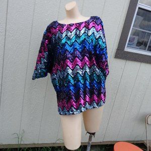 NOS Vtg 80s Sequin Multi Evening Party Formal Sweater L Silver Pink Green Purple